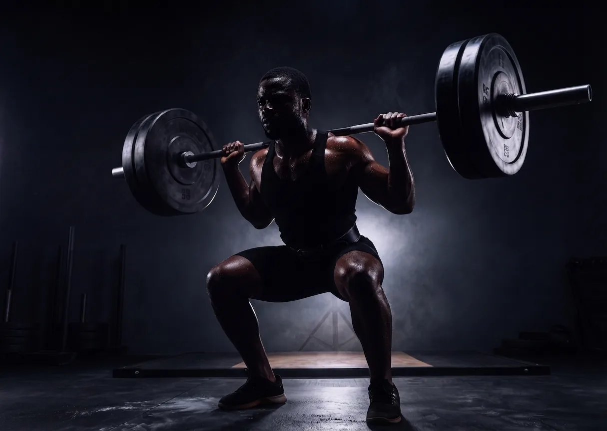 Athlete performing a barbell back squat in a dark gym